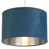 Teal Blue Velvet Vintage Easy Fit Drum Shade with Silver Inner 28cm