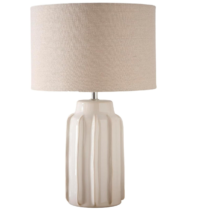 Britalia BRLALPHA/TL Cream Modern Ribbed Ceramic Table Lamp with Textured Beige Drum Lampshade