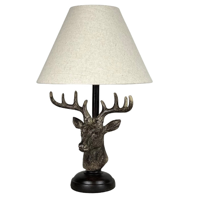 Britalia BR20694 Brown Rustic Stag Head Sculpture Vintage Table Lamp with Linen Shade 48cm