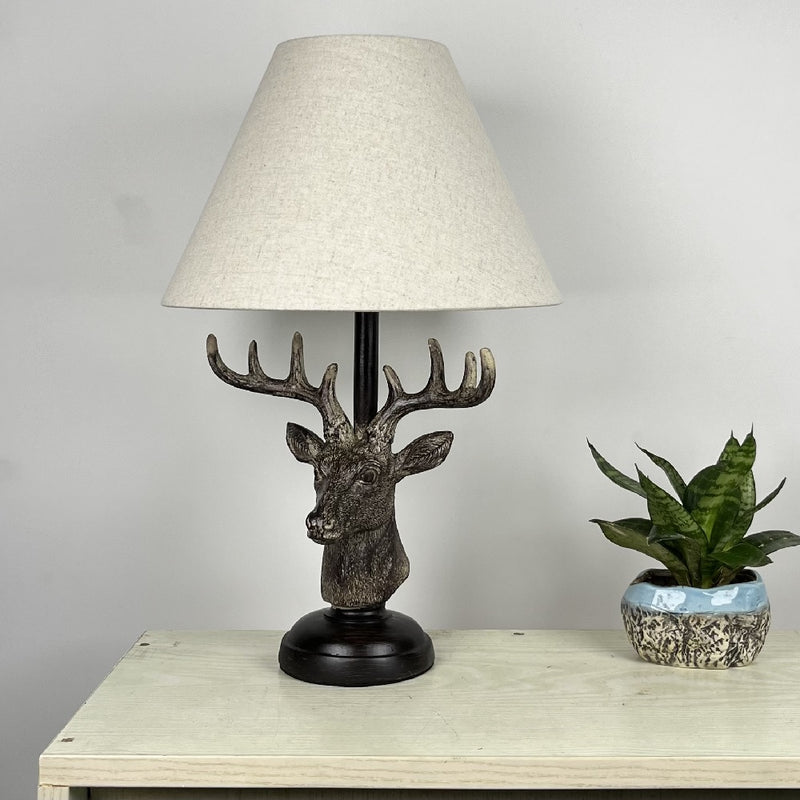 Britalia BR20694 Brown Rustic Stag Head Sculpture Vintage Table Lamp with Linen Shade 48cm