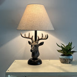 Britalia BR20694 Brown Rustic Stag Head Sculpture Vintage Table Lamp with Linen Shade 48cm