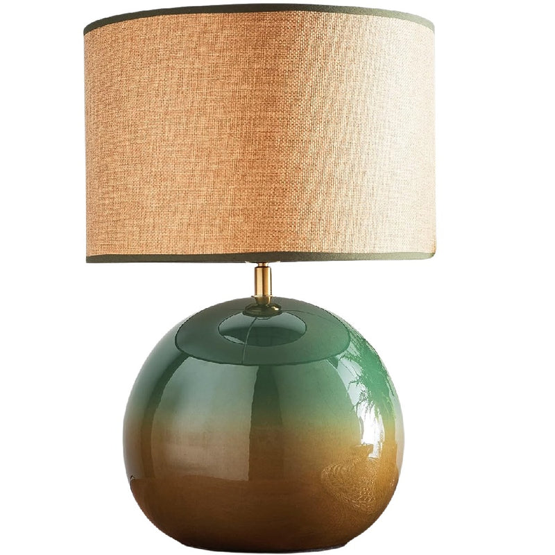 Britalia BRLLATAGN/TL Glossy Green Ceramic Modern Table Lamp with Woven Drum Shade - 44cm Height