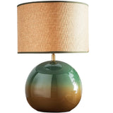Glossy Green Ceramic Modern Table Lamp with Woven Drum Shade 44cm