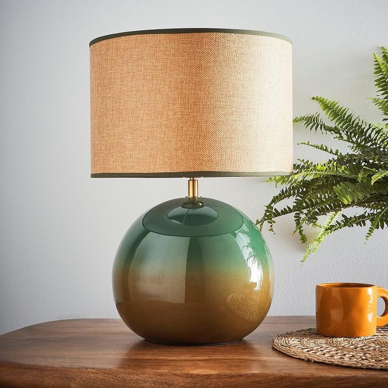 glossy green ceramic lamp with textured drum shade