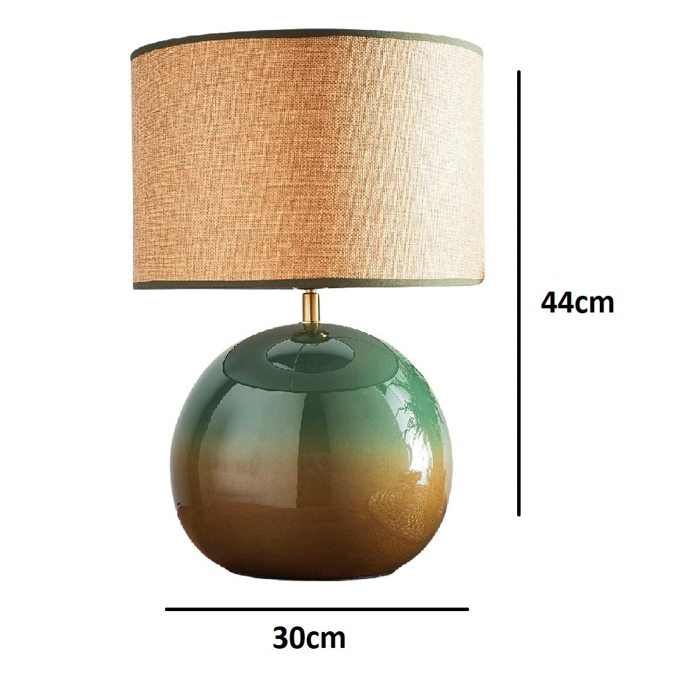 stylish modern lamp with green base and natural woven shade