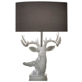 White Resin Stag Head Sculpture Table Lamp with Grey Linen Oval Shade 54cm