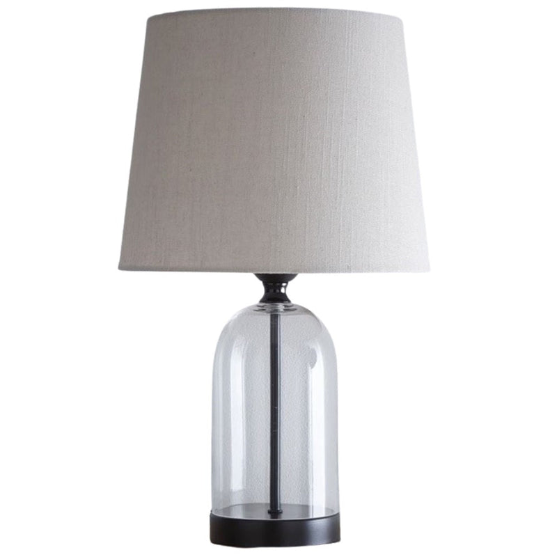 Matt Black & Clear Glass Bell Jar Table Lamp with Natural Linen Shade 48cm