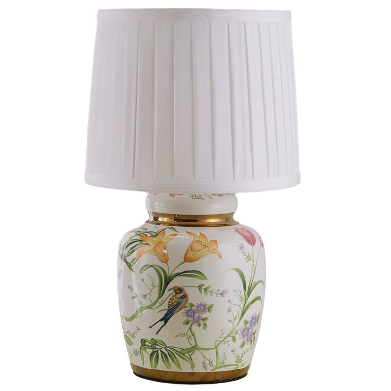 White & Gold Detail Ceramic Oriental Tea Urn Table Lamp with Pleated Shade 44cm