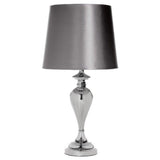 Chrome & Smoked Glass Table Lamp with Silver Grey Faux Silk Shade 47cm