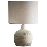 Cream Ribbed Ceramic with Rope Design Modern Table Lamp with Cream Linen Drum Lamp Shade 42cm