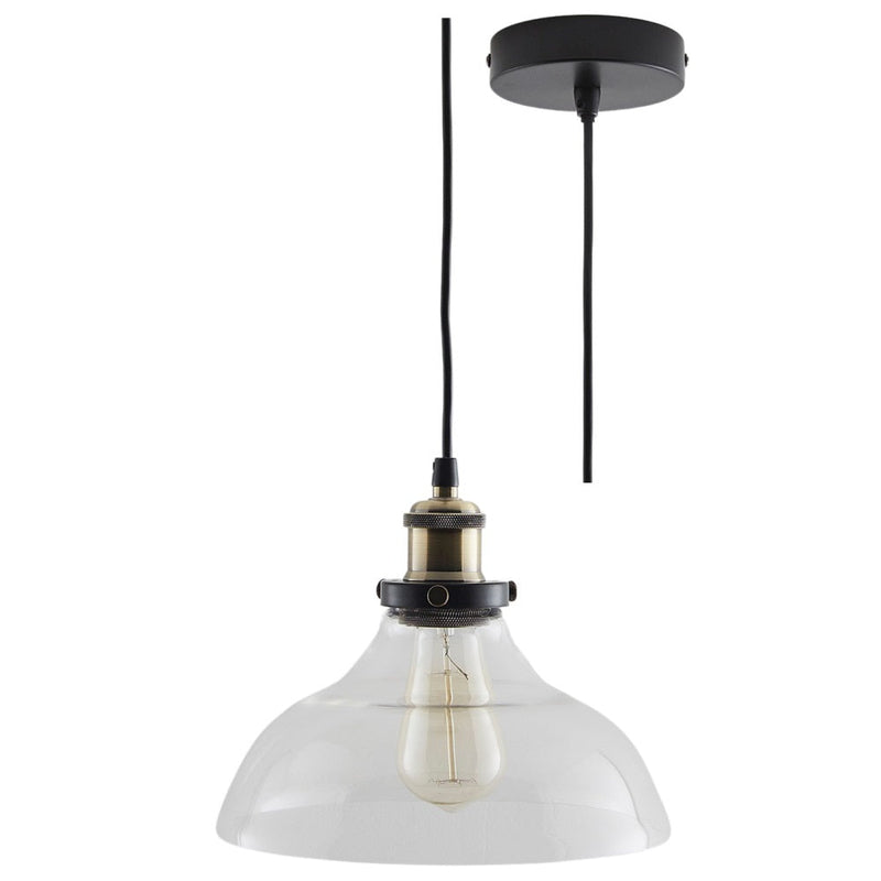 Matt Black & Clear Glass Vintage Shallow Dome Pendant Light 25cm