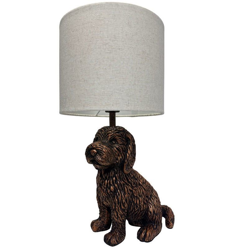 Britalia BRLPUPPY/TL Antique Copper Sitting Puppy Table Lamp with Natural Linen Drum Shade