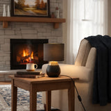 Black and Gold table lamp with fabric drum shade and brushed metal detail
