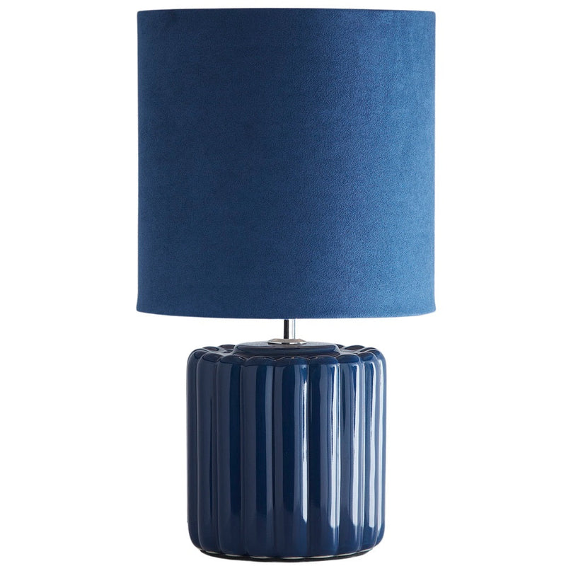 Blue Ribbed Ceramic Vintage Table Lamp with Velvet Drum Shade 33cm