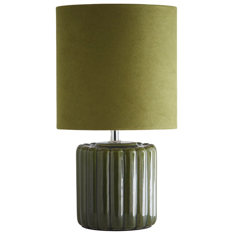 Green Ribbed Ceramic Vintage Table Lamp with Velvet Drum Shade 33cm