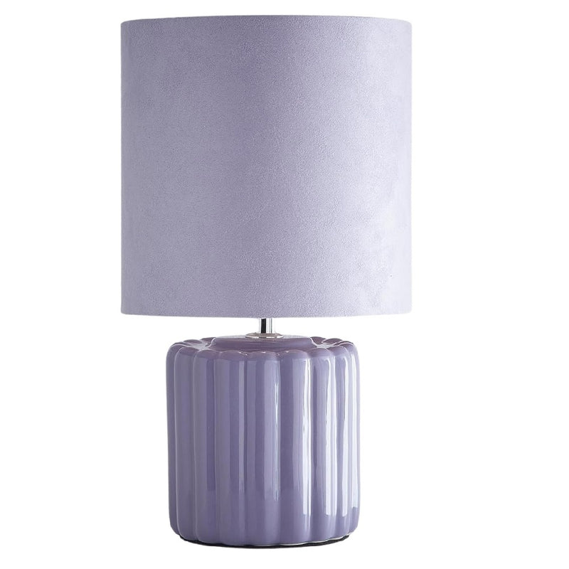 Britalia BRLZOELILAC/TLWS Lilac Ribbed Ceramic Vintage Table Lamp with Velvet Drum Shade - 33cm Height