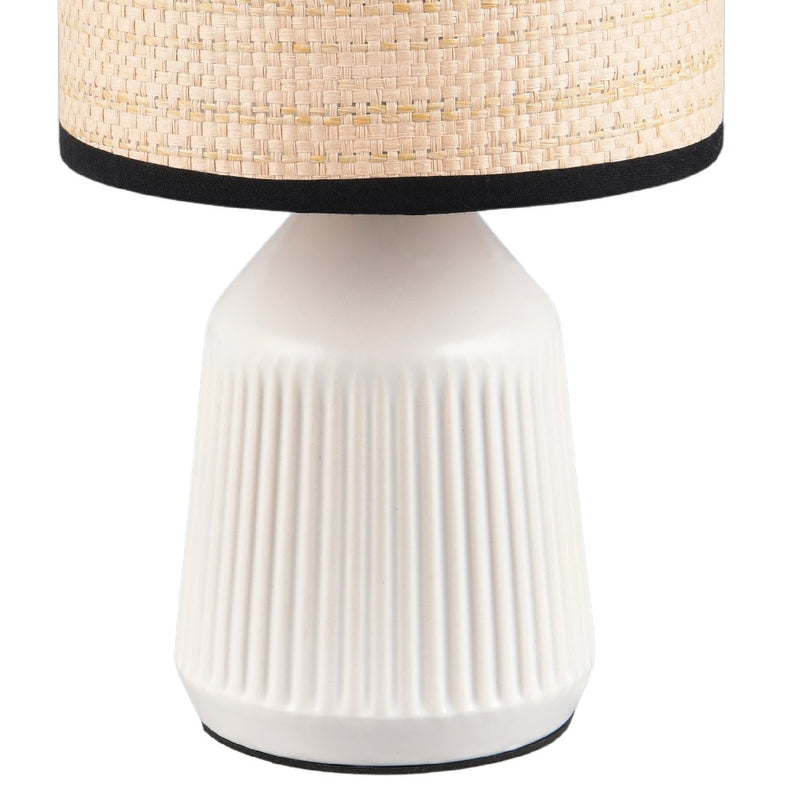Modern white bedside table lamp with woven natural lampshade