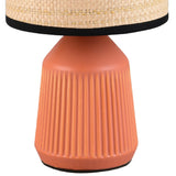 Decorative ceramic table lamp with ribbed terracotta base and rattan shade