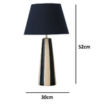 modern blue and cream ceramic table lamp with navy fabric shade