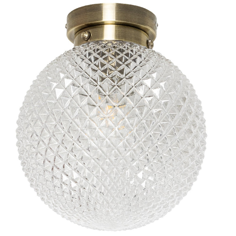 Antique Brass and Ribbed Glass Semi Flush Globe Ceiling Light IP44