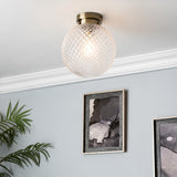 Antique Brass and Ribbed Glass Semi Flush Globe Ceiling Light IP44