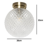 Antique Brass and Ribbed Glass Semi Flush Globe Ceiling Light IP44