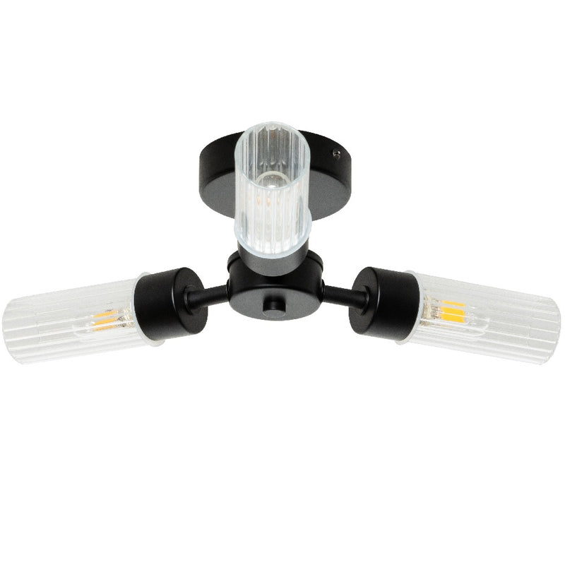 Britalia BRSPA-39650-BLK Matt Black &amp; Ribbed Glass Bathroom Vintage 3 Lamp Ceiling Light IP44 - 39cm Diameter