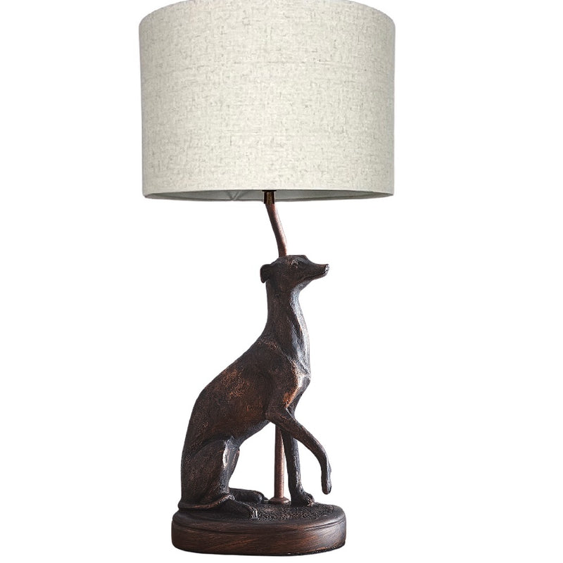 Britalia BRLGREYHOUND/TL Antique Copper Greyhound Table Lamp with Natural Linen Drum Shade - 48cm Height