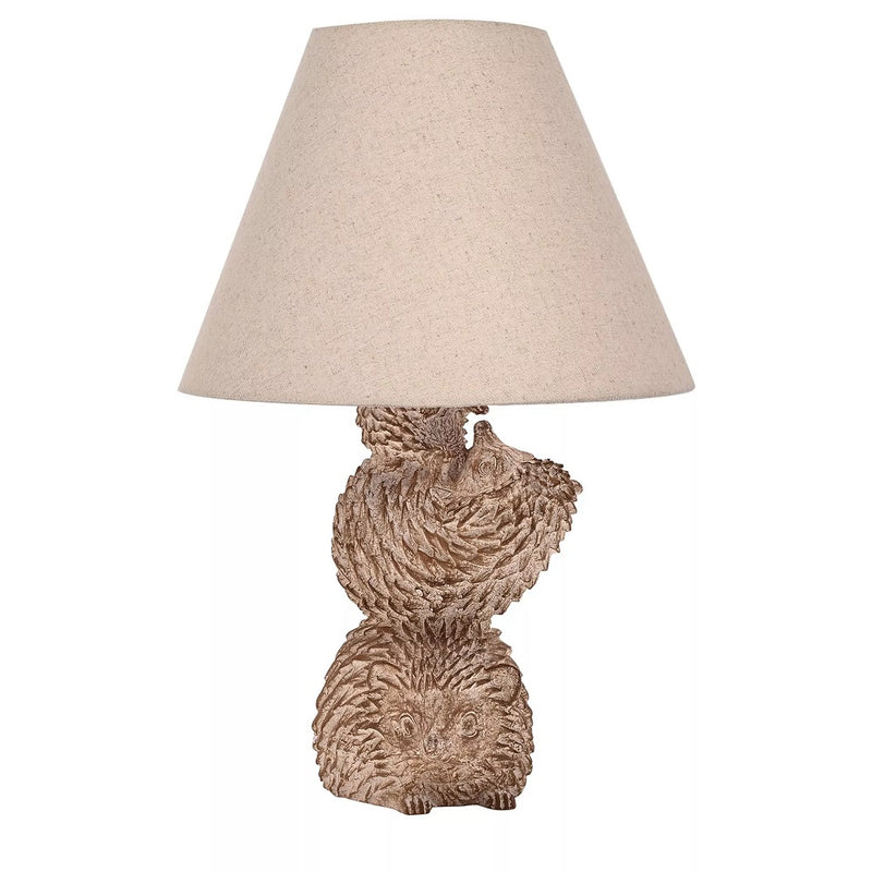 Britalia BRHE2548 Wood Effect Hedgehog Table Lamp with Beige Fabric Tapered Shade - 37cm Height