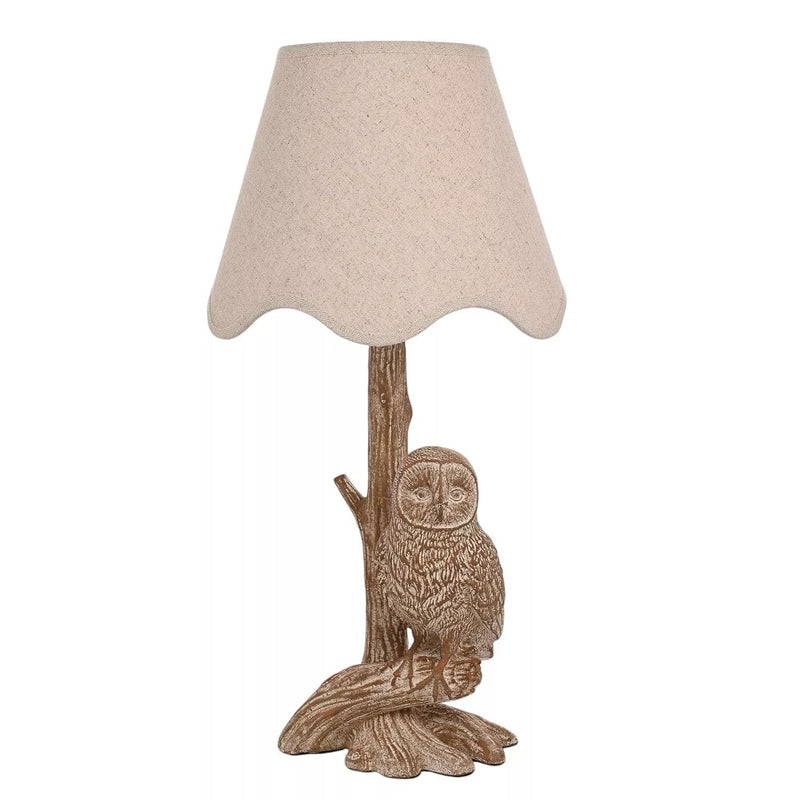 Britalia BRHE2550 Wood Effect Perching Owl Table Lamp with Beige Fabric Tapered Shade - 46cm Height