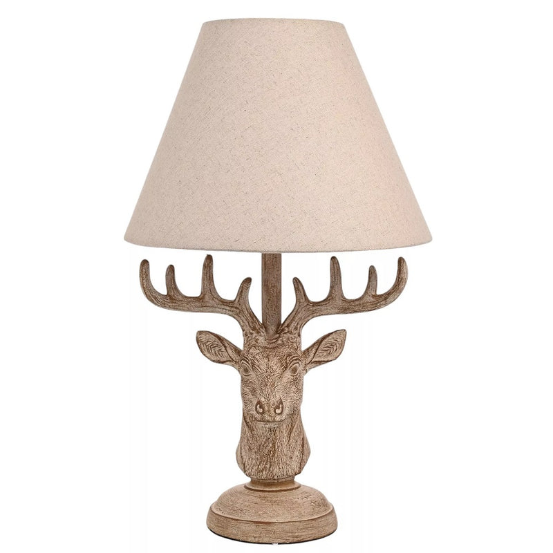 Britalia BRHE2551 Wood Effect Rustic Stag Head Sculpture Vintage Table Lamp with Linen Shade - 46cm Height