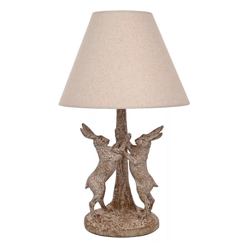 Britalia BRHE2552 Wood Effect Marching Hares Sculpture Vintage Table Lamp with Beige Linen Shade - 46cm Height