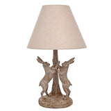 Britalia BRHE2552 Wood Effect Marching Hares Sculpture Vintage Table Lamp with Beige Linen Shade - 46cm Height