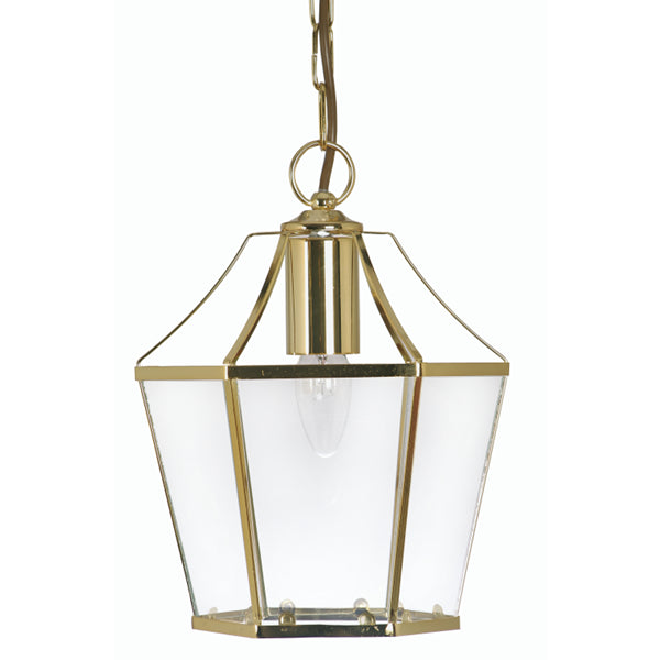 Polished Brass & Glass Panel Vintage Lantern Pendant Light 22cm