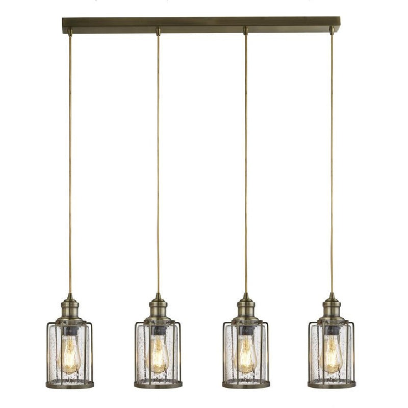 Antique Brass & Bubble Glass Cage Lantern 4 Lamp Bar Pendant Light 77cm