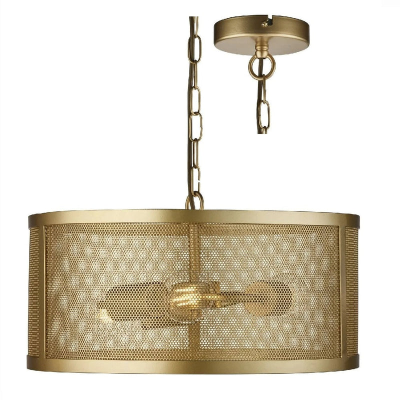 Matt Gold Round Mesh Cage Vintage 3 Lamp Pendant Light 45cm