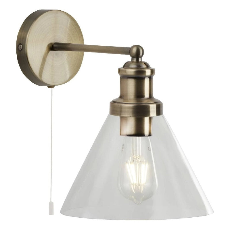 Antique Brass & Clear Pyramid Glass Vintage Switched Wall Light 25cm