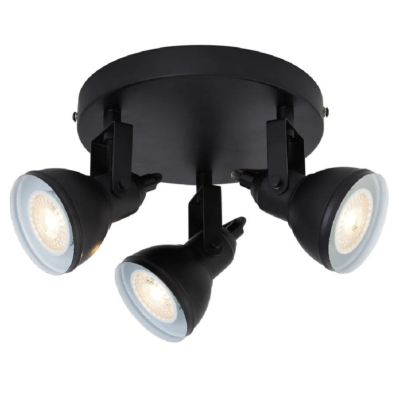 Matt Black Vintage Round Plate 3 Lamp Dome Head Ceiling Spotlight 30cm