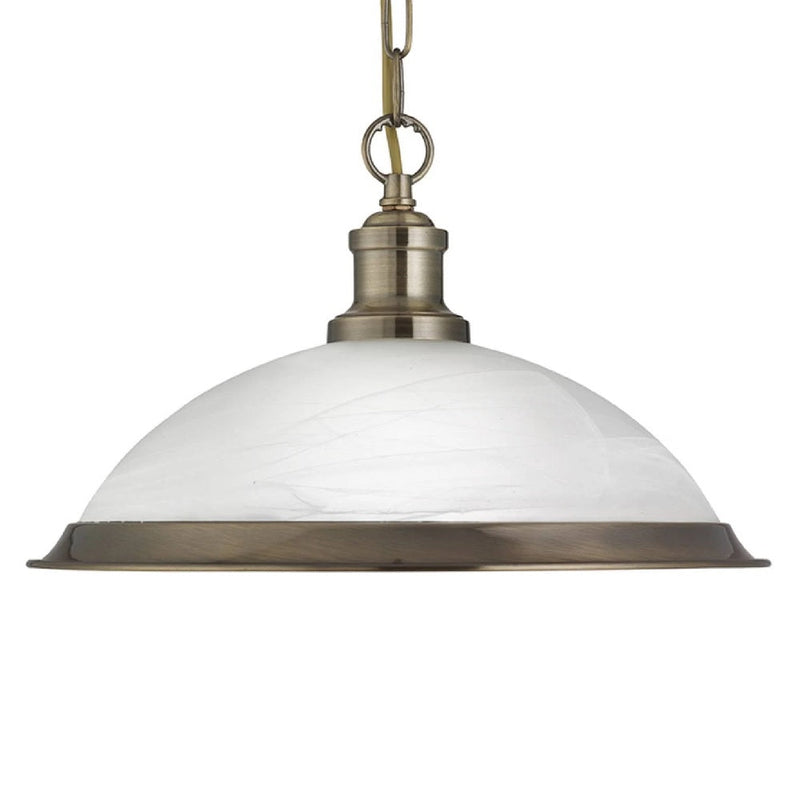 Antique Brass & Alabaster Glass Vintage Dome Pendant Light 34cm