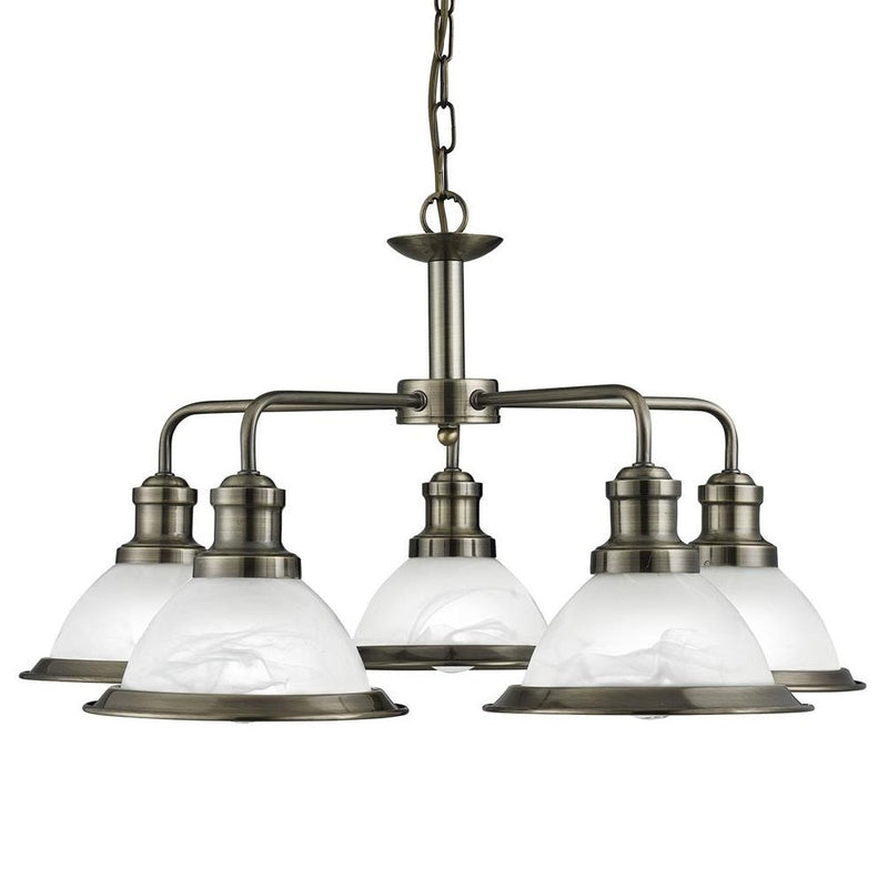 Antique Brass & Alabaster Acid Glass Vintage Dome 5 Lamp Pendant Light 63cm