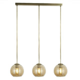 Antique Brass & Amber Glass Dome 3 Lamp Bar Pendant Light 86cm