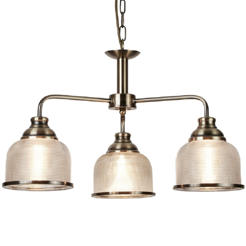 Antique Brass & Holophane Glass Vintage Dome 3 Lamp Pendant Light 56cm