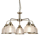Antique Brass & Holophane Glass Vintage Dome 5 Lamp Pendant Light 58cm