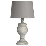 Beige Stone Vintage Rustic Urn Column Table Lamp with Grey Linen Shade