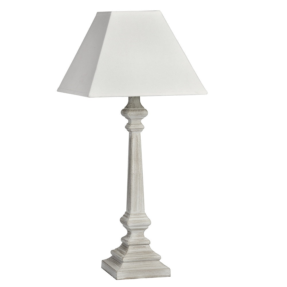 Grey Washed Wood Vintage Rustic Square Column Table Lamp with Linen Fabric Shade