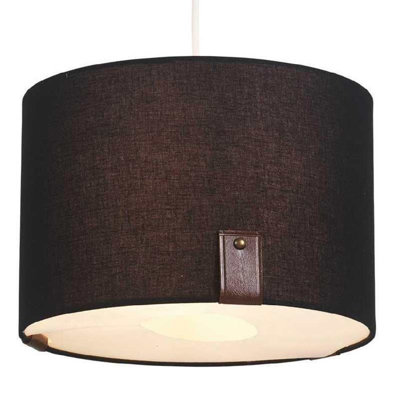 12" Black Cotton & Leather Detail Vintage Easy Fit Drum Pendant Shade 30cm