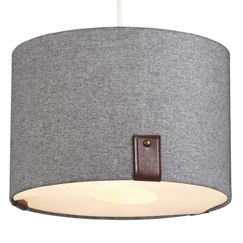 12" Soft Grey Cotton & Leather Detail Vintage Easy Fit Drum Pendant Shade 30cm