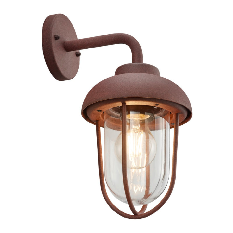 Antique Rust & Clear Dome Shade Outdoor Swan Neck Wall Light