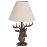 Rustic Brown Stag Deer Head Sculpture Vintage Table Lamp with Tapered Linen Drum Shade