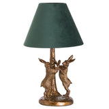 Gold Marching Hares Sculpture Vintage Table Lamp with Green Velvet Shade